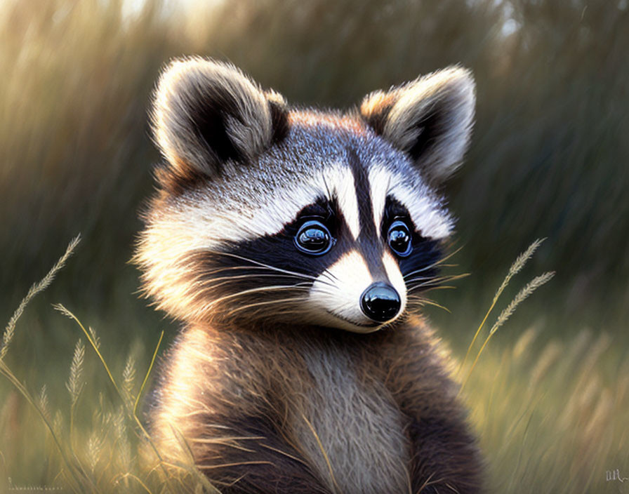 Detailed Hyper-Realistic Raccoon Illustration in Grass Field