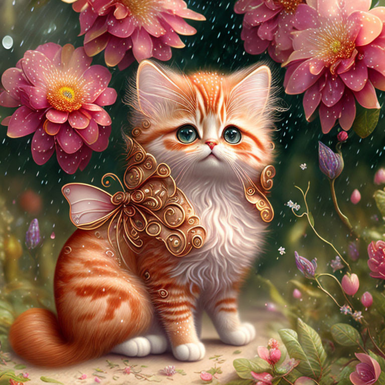 Adorable orange kitten with green eyes and butterfly wings in a floral setting