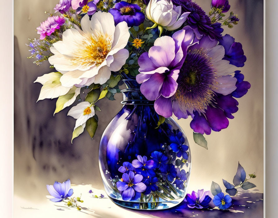 White and Purple Flowers in Blue Glass Vase on Blurred Background