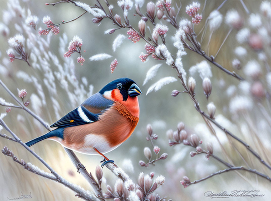 Vibrant bird on branch with white blossoms in soft background