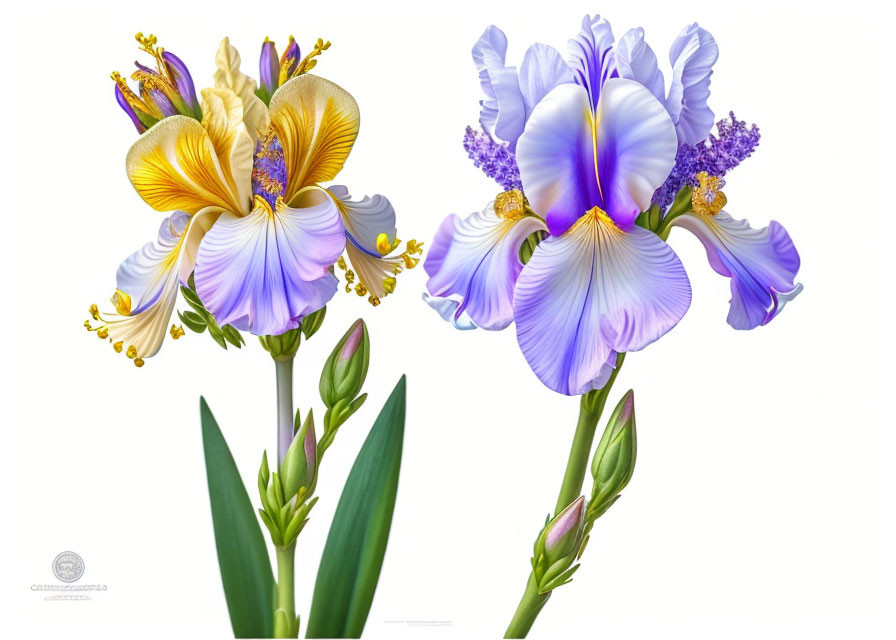 Detailed Botanical Illustrations of Colorful Iris Flowers in Yellow and Purple