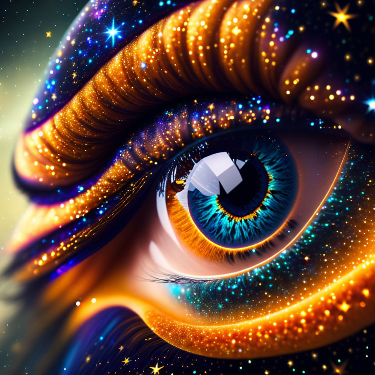 Cosmic-themed eye digital artwork with galaxy patterns and celestial makeup