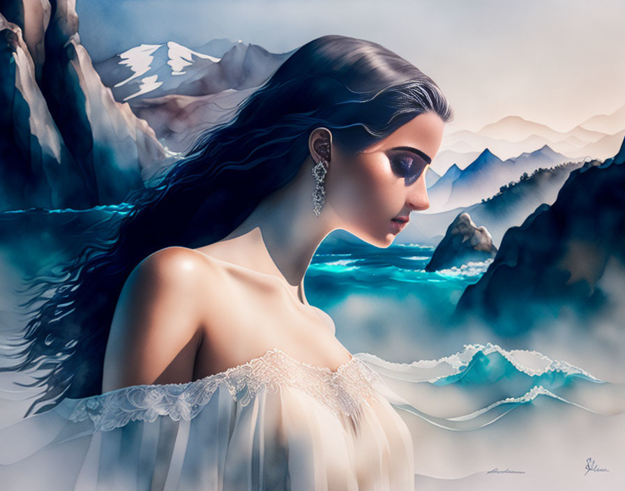 Woman in profile with flowing dark hair against mystical mountainous landscape.