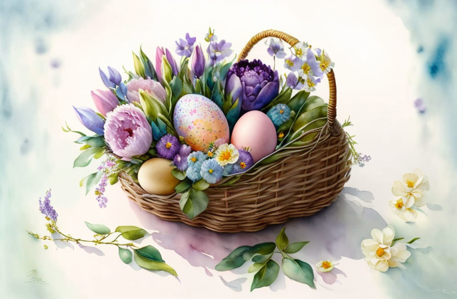 Colorful Easter eggs and spring flowers in wicker basket on watercolor background