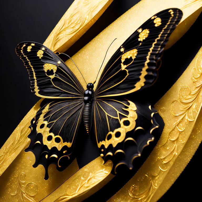 Black and Gold Butterfly on Intricate Gold Ribbon Against Dark Background