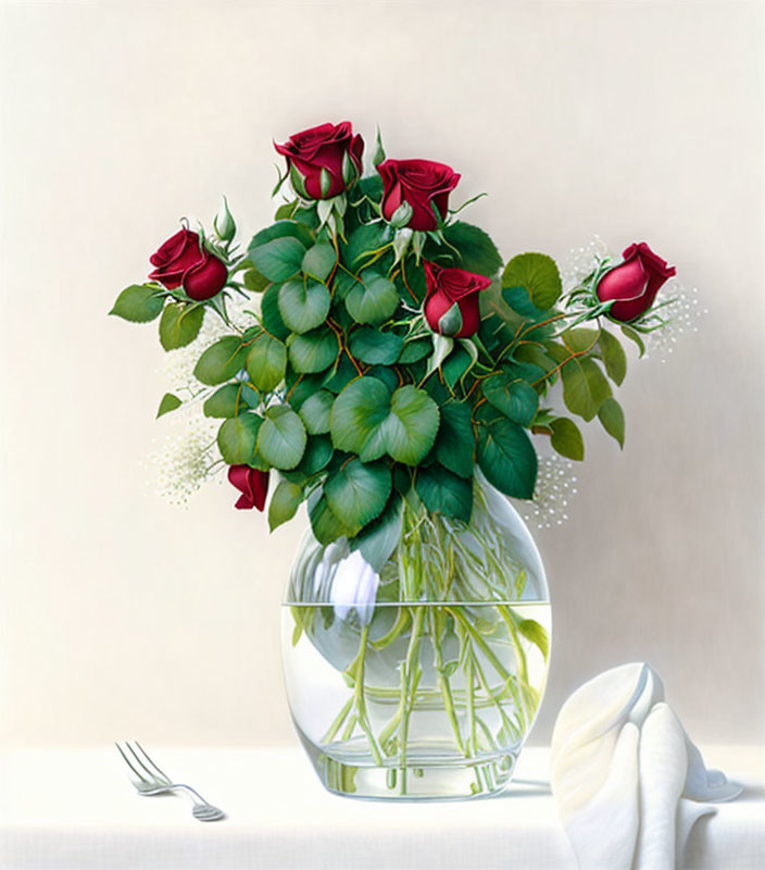 Red Roses Bouquet in Clear Glass Vase with White Napkin and Fork