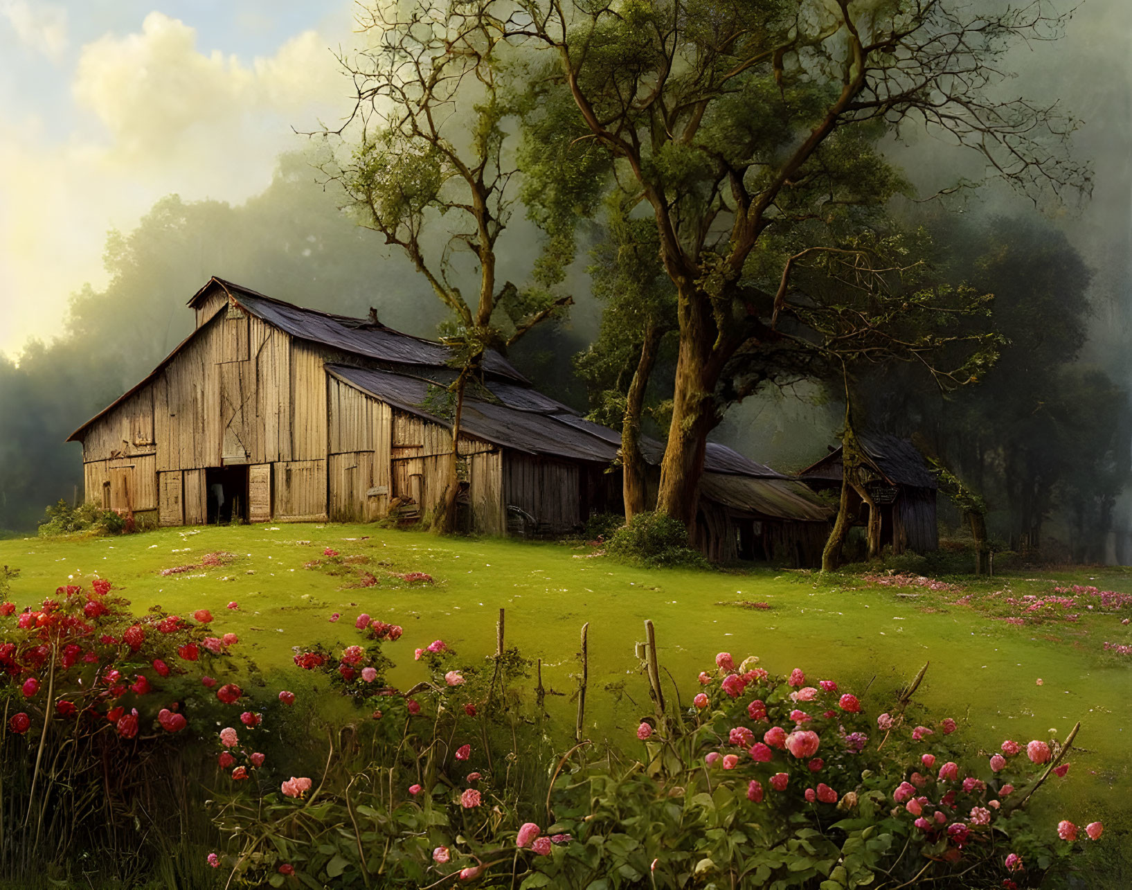 Weathered wooden barn in idyllic rural scene with lush trees and misty background