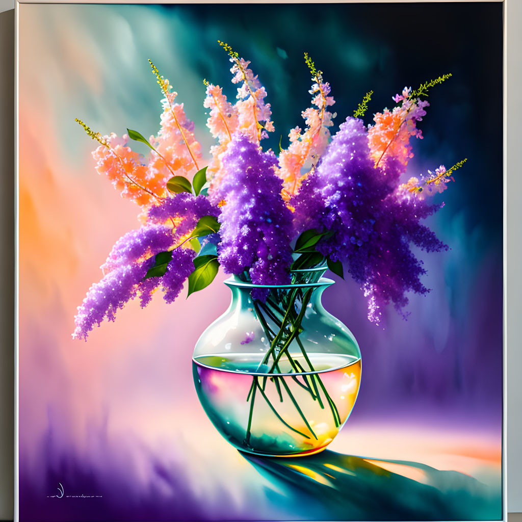 Vibrant purple and pink flowers in a colorful painting