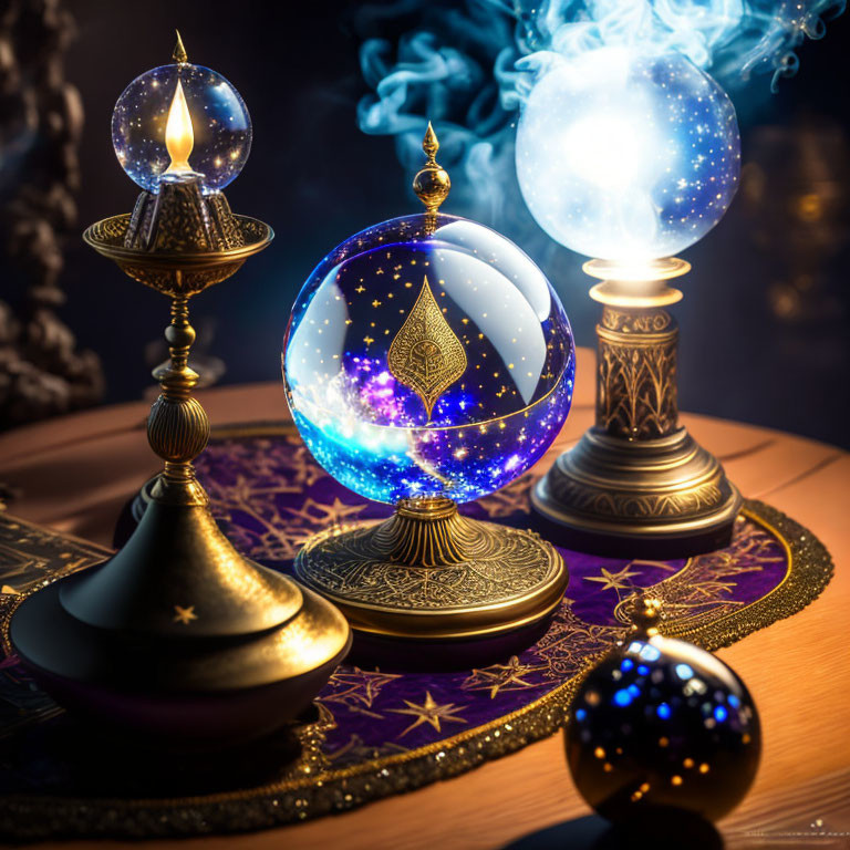 Mystical Crystal Ball with Smoke and Celestial Decor