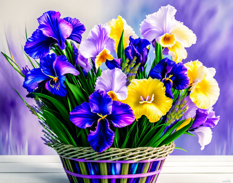 Purple and Yellow Irises in Woven Basket on White Surface