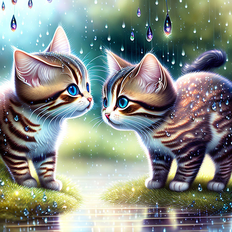 Illustrated Kittens with Large Blue Eyes in Magical Raindrop-Glittered Scene