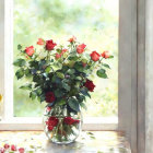 Still life painting: glass vase, red and white roses, sunlit windowsill