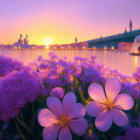 Vivid Purple and Pink Flowers with Lake and Sunset