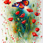 Colorful painting of red poppies and butterfly on white background