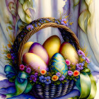 Vibrant Easter painting with wicker basket, ornate eggs, and spring flowers