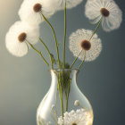 Close-up of delicate dandelions and drifting seeds with a single daisy