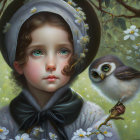 Detailed painting of young girl in vintage dress with owl on blooming branch.