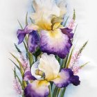 Detailed Blue and White Iris Painting with Floral Accents