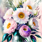 Colorful bouquet of white, pink, and purple flowers in clear glass vase on pastel background