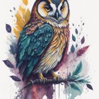 Vibrant Owl Illustration with Blue, Orange, and Purple Feathers