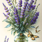 Purple Flowers in Glass Vase with Butterfly on Soft Yellow Background