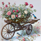 Rustic wooden wheelbarrow with colorful flowers on plain background