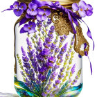 Transparent Jar with Lavender and Violet Flowers on Light Surface