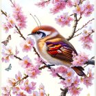 Colorful Bird on Cherry Blossom Branch with Butterflies