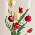 Transparent vase with red and yellow roses and green leaves on neutral background