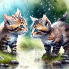 Illustrated Kittens with Large Blue Eyes in Magical Raindrop-Glittered Scene