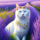 White Dog with Floral Garland in Purple and Yellow Flower Field