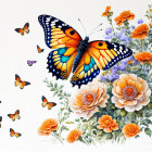 Colorful monarch butterflies and orange flowers on white background