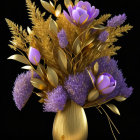 Luxurious Golden Leaves and Purple Flowers on Dark Background