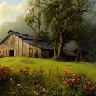 Tranquil landscape with rustic cottage, lush trees, and colorful meadow