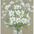 Still life painting of glass vase with white and yellow daffodils on table