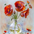 Vibrant red poppies in clear vase with water on reflective surface against soft background