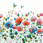 Colorful Flowers and Butterflies on White Background