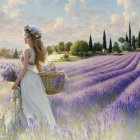 Woman in white dress walking through lavender field with basket and quaint houses in background