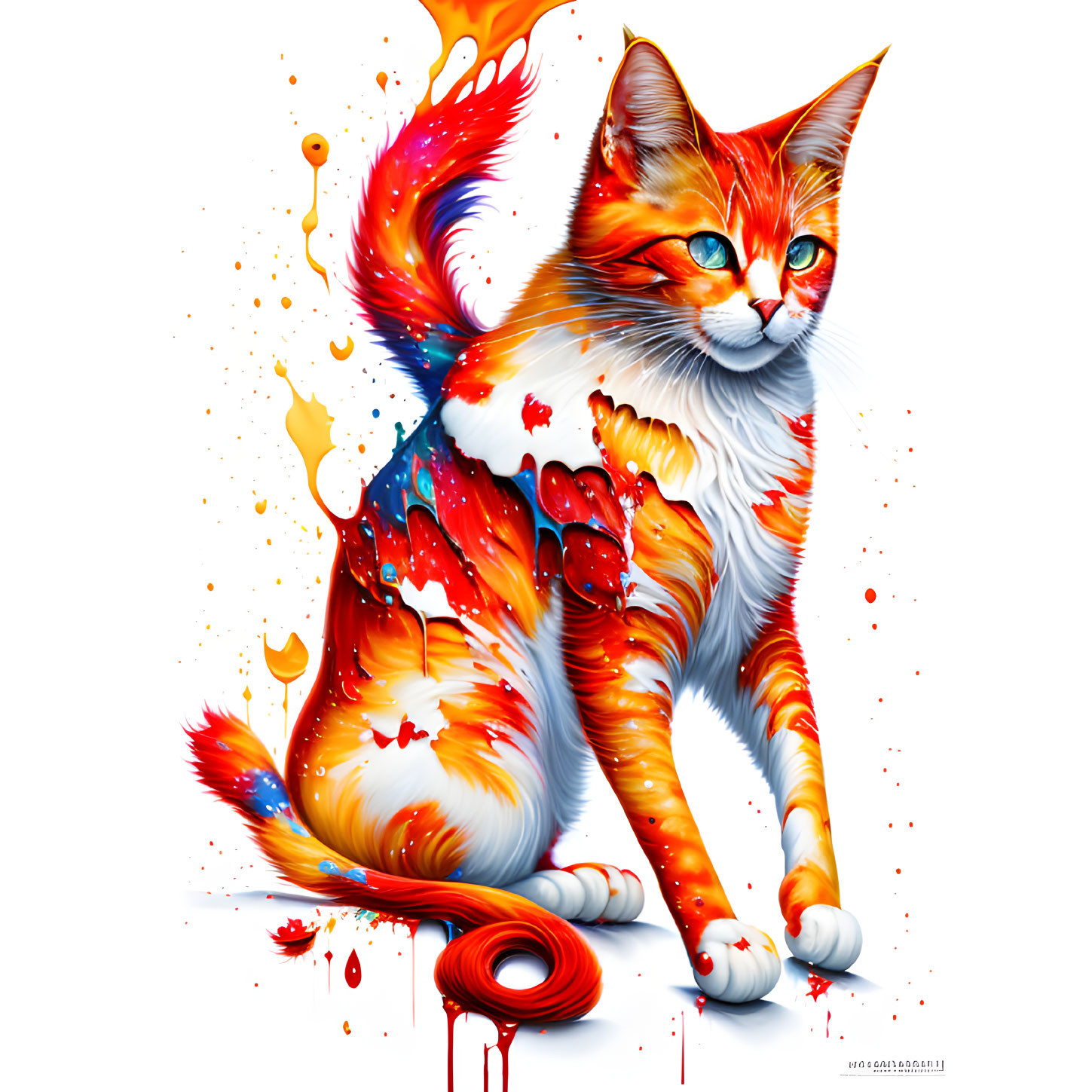 Colorful digital artwork: Orange and white cat with fiery paint splashes