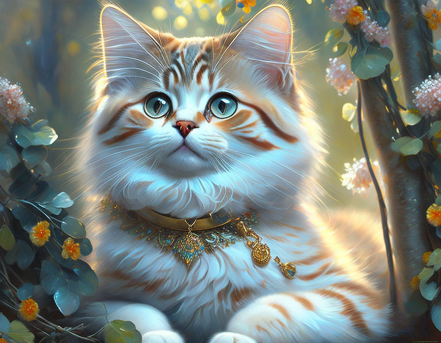 Fluffy cat with blue eyes in enchanted forest scene