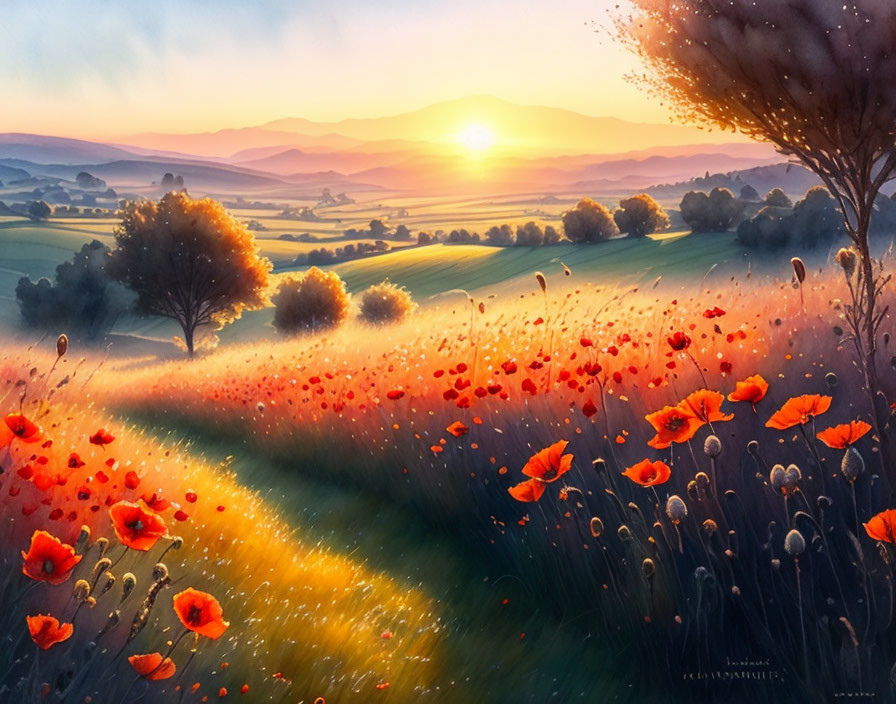 Tranquil sunset landscape with red poppies and rolling hills