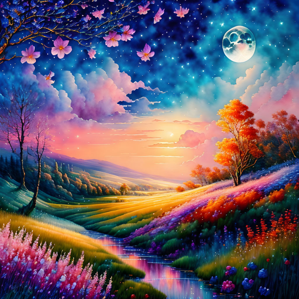 Surreal landscape with starry sky, full moon, sunset, hills, stream, and flowers