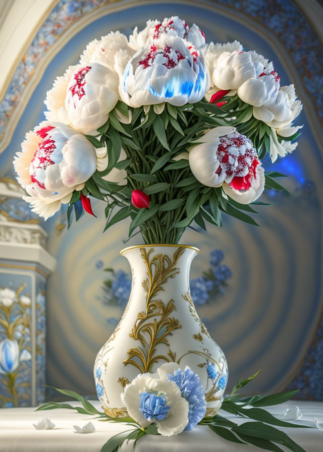 White Peonies with Red Speckles in Ornate Vase on Blue and Gold Backdrop