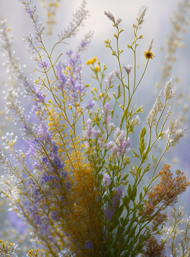 Soft Focus Wildflowers: Purple, Yellow, and White Blooms on Light-Dappled Background