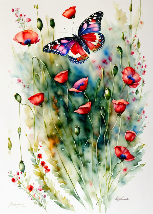 Colorful Watercolor Painting: Butterfly on Red Poppies with Ethereal Background