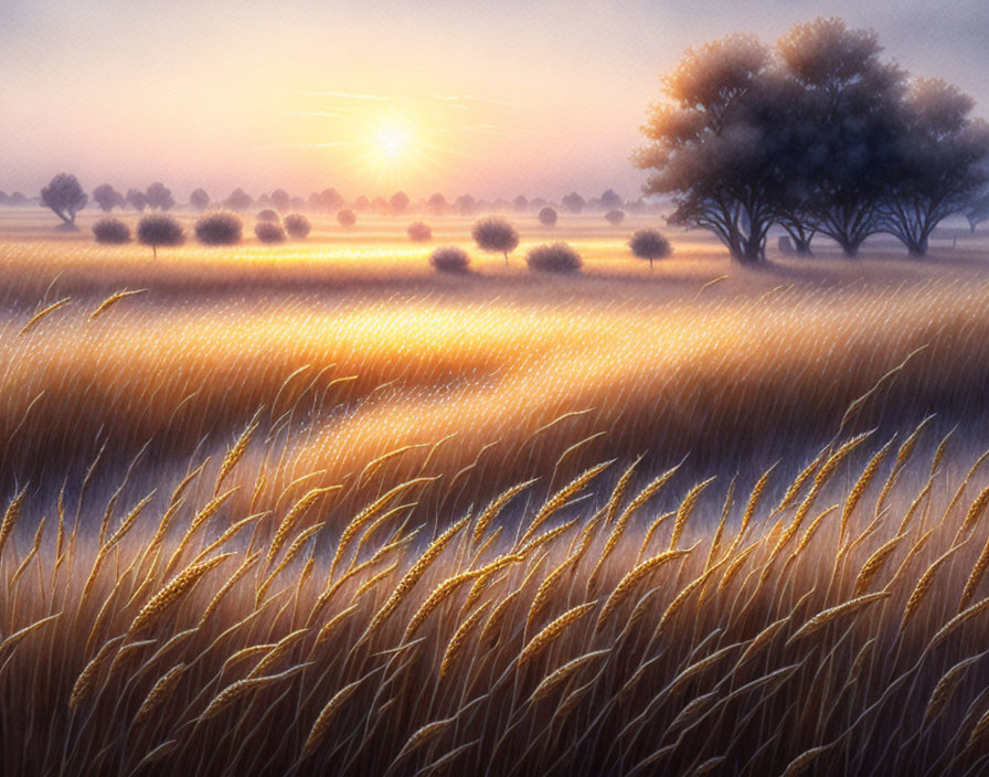 Golden wheat field at sunrise with tree shadows and warm hues