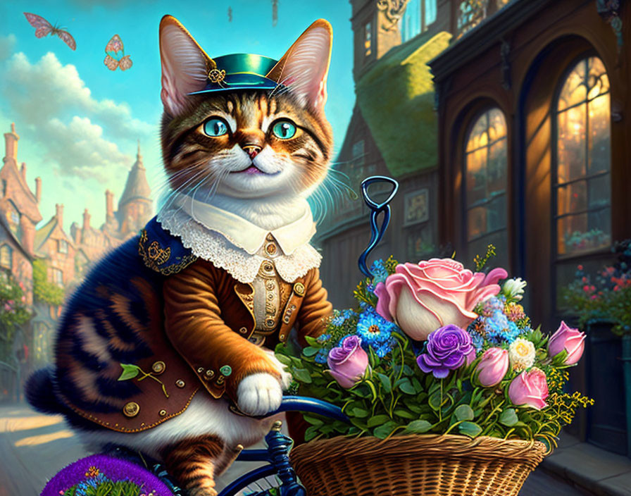 Anthropomorphic cat in fancy outfit with bicycle and flowers on quaint street