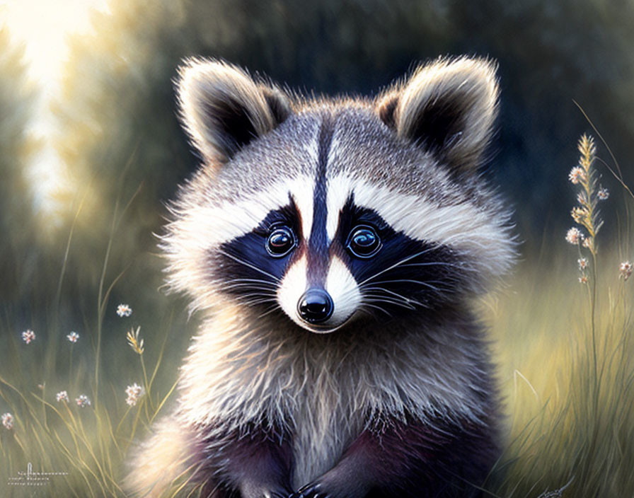 Detailed illustration: Raccoon in tall grass with sunlight.