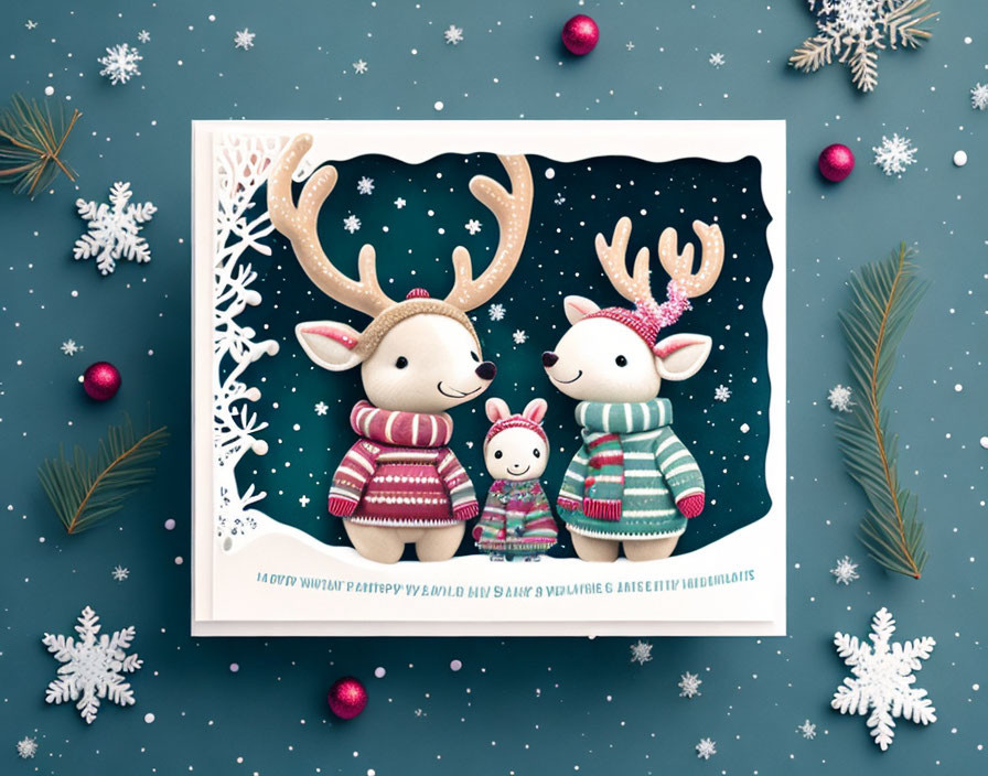 Cartoon reindeer, mouse in winter clothes on teal background