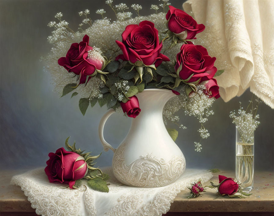 White vase with red roses, baby's breath, draped cloth, and scattered rose blooms on a table